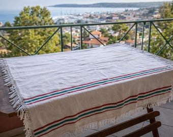 Vintage Greek Cotton Bedspread: 1950s Handmade Flat Sheet, Red & Green Stripes