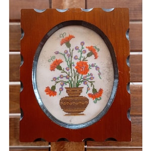 Greek from 80s Embroidery Wall Hanging Small Cadre Embroidered Flowers Greek Vintage Wooden Frame made in Greece