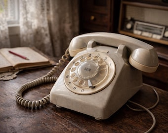 Vintage Greek Rotary Telephone – 1960s Beige Dial Phone – Retro Mid Century Home Decor – Made in Greece