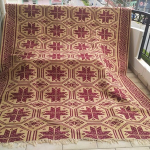 Greek 80&#39;s Woven Unused Beige Fuchsia Carpet Woolen Organic from Ship Wool  Genuine made in Greece Area Rug Original Traditional Tapestry