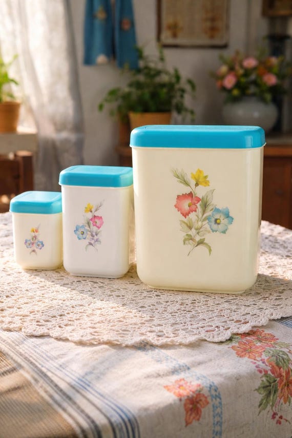 アンティークキャニスター プラスチック製 ヴィンテージ キャニスター 3個セット プラスチック製 花柄 オフ