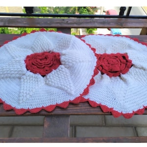 Handmade Greek Vintage Woolen Chair Covers in White & Red - Set of 2, Crochet Home Decor, Unique Chair Pads from Greece