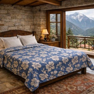 Greek 70s Cotton Vintage Bedspread – Blue White Floral Embossed Double Throw, Made in Greece image 1