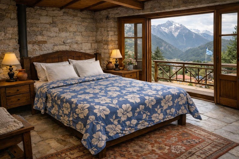 Greek 70s Cotton Vintage Bedspread – Blue White Floral Embossed Double Throw, Made in Greece image 1
