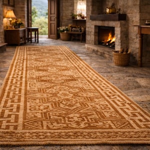 Woven Rustic Greek Runner Rug - Traditional Meander Pattern - Vintage 80's Double Sided - Authentic Wool