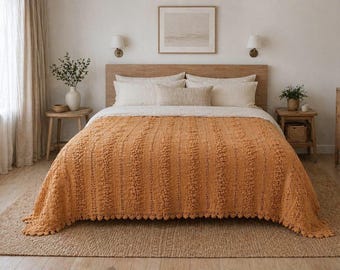 Colcha de ganchillo hecha a mano – 100% lana – Naranja suave – Estilo griego vintage – 190 x 165 cm (74,8” x 65”)