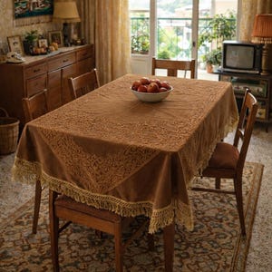 Toalha de mesa oval grega vintage – cor mocha dos anos 70, toque aveludado, franjas florais