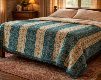 Vintage Greek Wool Knitted Bedspread in Turquoise Beige Colors Handmade in Greece