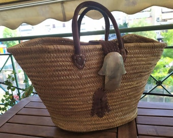 Woven Handmade Basket Bag with Handles from Genuine Leather and Metal Closure Shopping For Market or Beach Straw  Bag Vintage Made in Greece