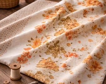 Nylon Vintage Greek UnusedFabric for Curtains- Fabric on Ecru Orange Brown- Floral 70s Design, Sewing Craft Made in Greece