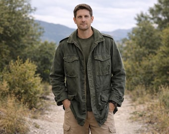 Vintage Greek Army Jacket: Khaki Unisex Coat, Large