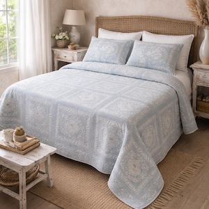 Couvre-lit en coton vintage des années 1980 bleu clair – couverture d'été réversible, couverture grecque florale