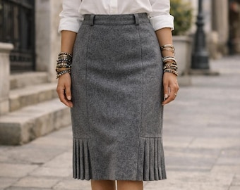 00s Vintage Greek Wool Midi Skirt | Gray Pencil Skirt With Pleated