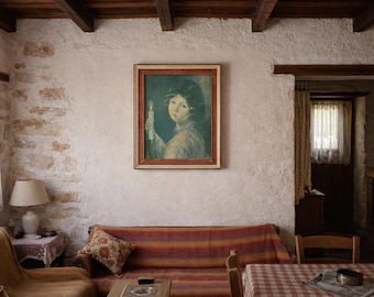 Arte mural griego de los años 70 con marco: niña llorando con una vela, decoración vintage para el hogar.