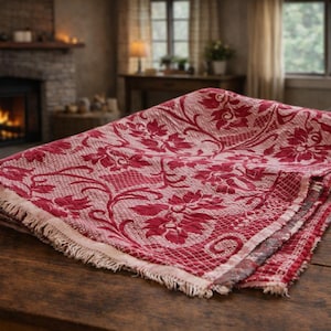 Couvre-lit vintage en laine tissée grecque : Karameloti floral rouge, couverture des années 90