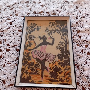 Vintage Greek from 80s Embroidery Wall Hanging Small Cadre Embroidered Dancer, Ballerina Wooden Frame made in Greece