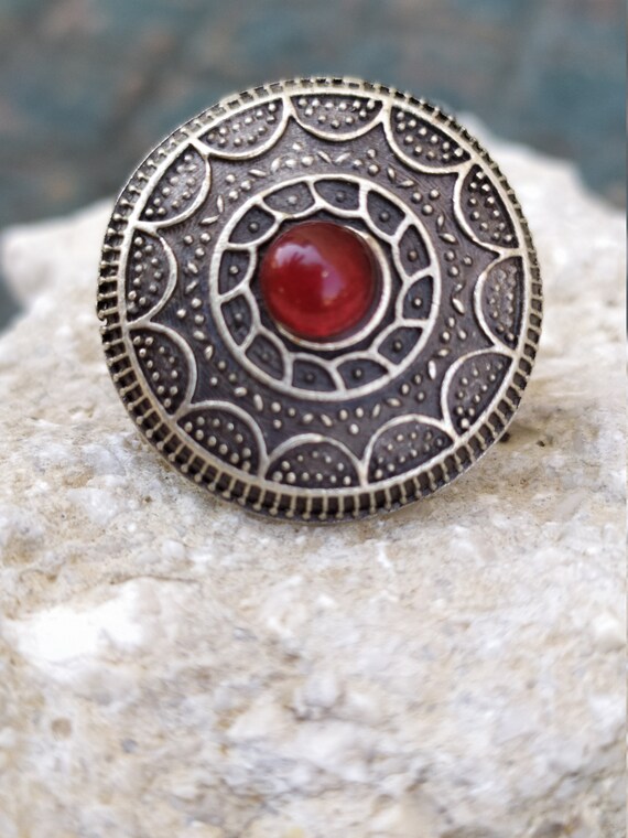 Big Round Alpaca Ring Carved Circle Ring Adjustab… - image 2