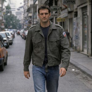 Kurtka bomberka w stylu vintage z lat 90. w stylu greckiej armii w kolorze khaki, unisex, styl wojskowy