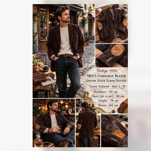 Puede incluir: Una blazer de pana marrón con coderas de ante genuino. La blazer tiene un diseño clásico, con un corte entallado. Los hombros miden 50 cm, el pecho 58 cm, la longitud 78 cm y la manga 64 cm. El texto dice "Vintage 1980s".