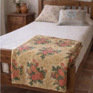 Griechische Baumwolle Floral Tagesdecke Sofa Rosa Grün Vintage Boho Rustikal Dekor Bettwäsche 70'er Jahre made in Griechenland