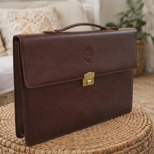 Bolso bandolera de piel auténtica para profesor, doctor, científico, estudiante, portátil, marrón, con asa superior, usado, vintage, años 00