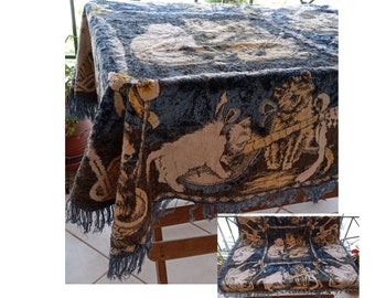 Greek Velour Vintage 70's Velvet Tablecloth with featuring adorable kittens Home Decor made in Greece