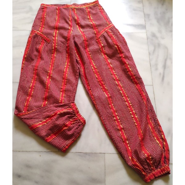 gemaakt in India van katoenen harembroek gestreept met zakken Salwar rood goud paars Palazzo Vintage jaren 90 dameskleding Hippie Anatolian