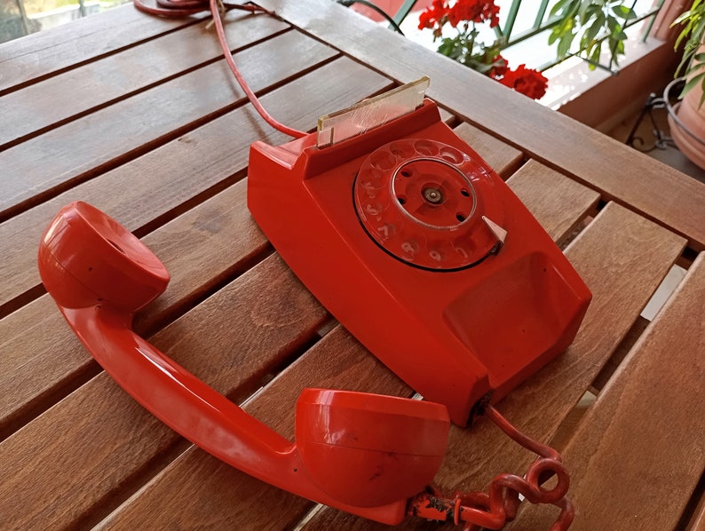 from 70's Landline Phone Red Rotary 1970's Decor Vintage Home Decoration Rotary dial Retro Telephone made in Greece imagem 3