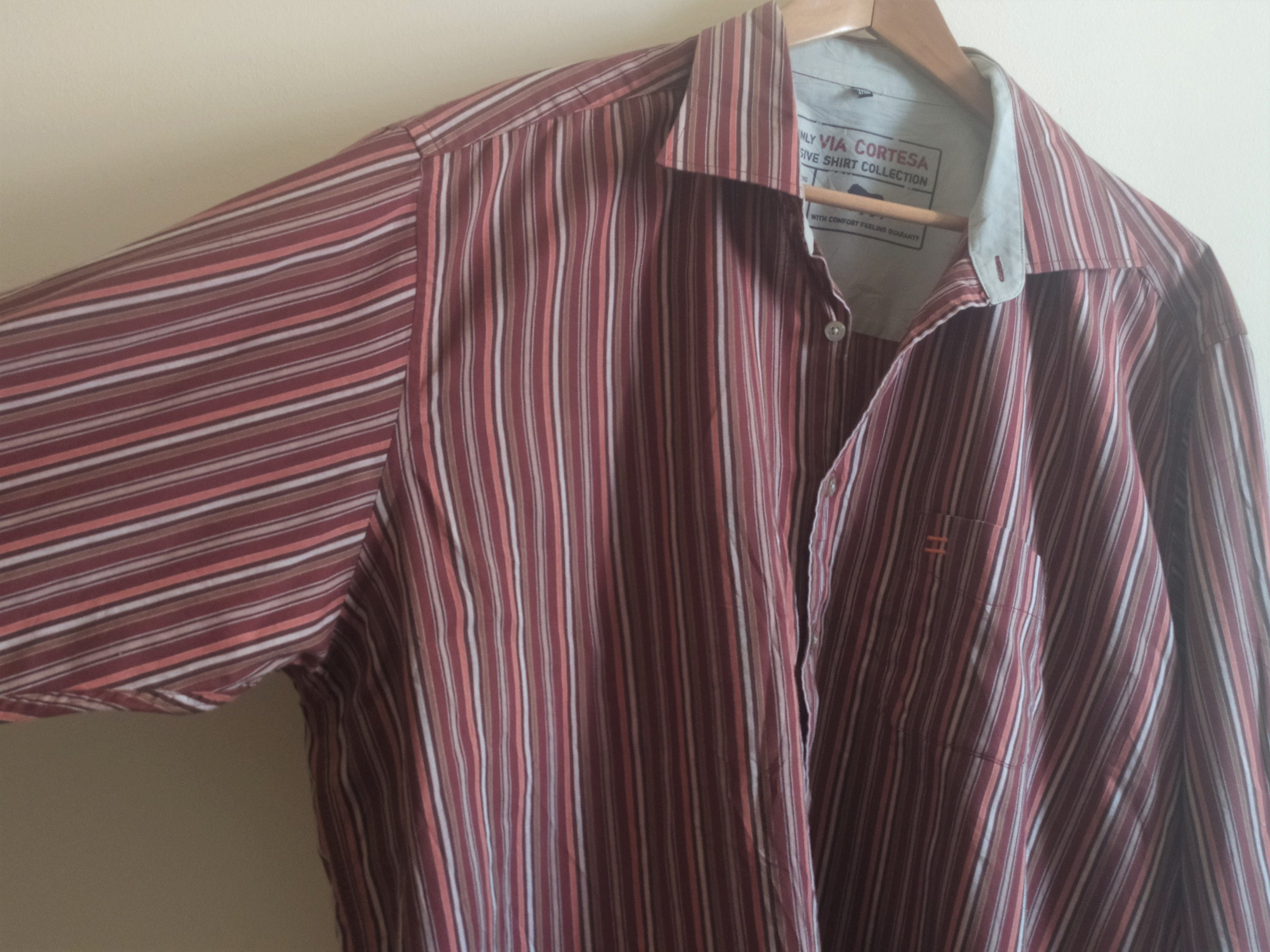 Plus size Shirt Button Downs Striped Bordeaux with Long Sleeves and one Pocket front Vintage '00s Men's Clothes Cotton 2XL pLUS SIZE
