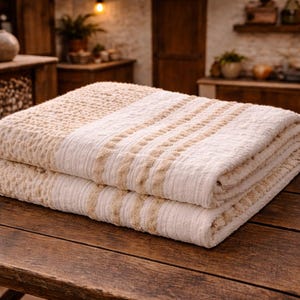 Greek Woven Wool and Cotton Cover Sofa Cotton White Beige Striped Vintage Shaggy Rustic Decor Bedding 80's made in Greece image 1
