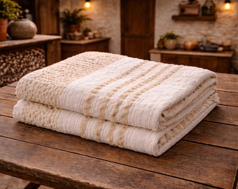Greek Woven Wool and Cotton Cover Sofa Cotton White Beige Striped Vintage Shaggy  Rustic Decor Bedding 80's made in Greece
