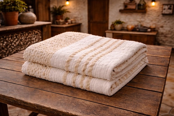 Greek Woven Wool and Cotton Cover Sofa Cotton White Beige Striped Vintage Shaggy  Rustic Decor Bedding 80's made in Greece