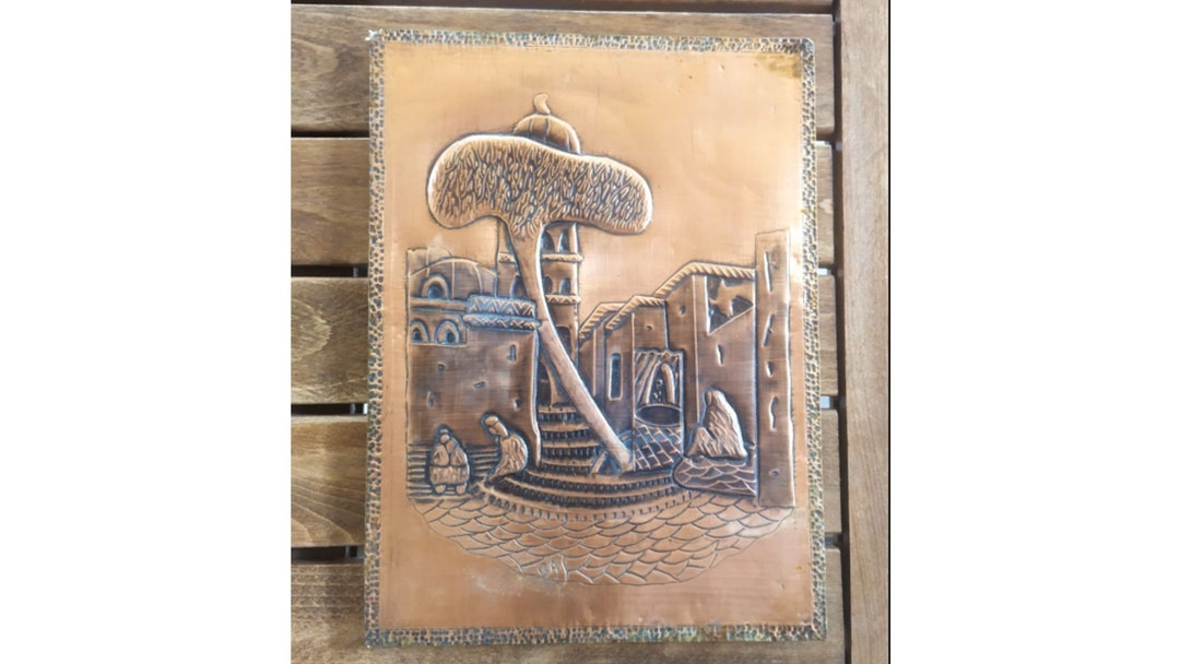 Vintage Copper Engraving Art Cadre Handmade Oriental Scenery Wall