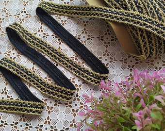 Vintage 70's Gold Edge Decor Trim - Flat braid Gimp trim - BLACK with Gold Edge Upholstery Sewing 0,86'' wide Sold by 1 yard /36''/90cm