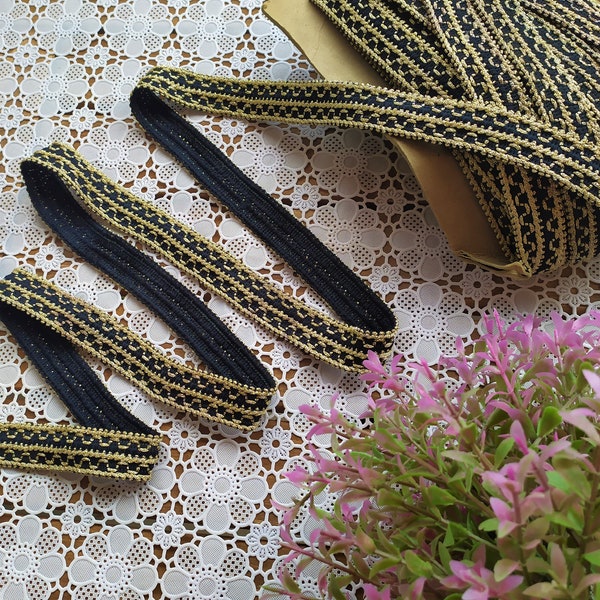 Vintage 70's Gold Edge Decor Trim - Flat braid Gimp trim - BLACK with Gold Edge Upholstery Sewing 0,86'' wide Sold by 1 yard /36''/90cm
