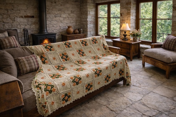 Vintage Greek Cotton Wool Crochet Bedspread -  Floral 80s Design, Made in Greece Blanket Cover Bed Couch