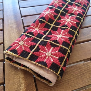 Greek Embroidered  in Sack Table Runner Panel Handmade Old Handmade  Black Red Vintage 50&#39;s made in Greece