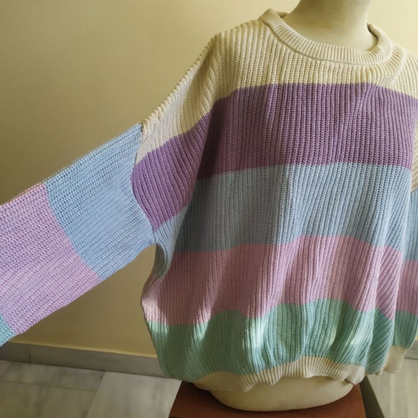 Striped Sweater   with Long Sleeves Autumn Jumper White Purple Baby Blue Vintage Women's 00's Clothing Clothes