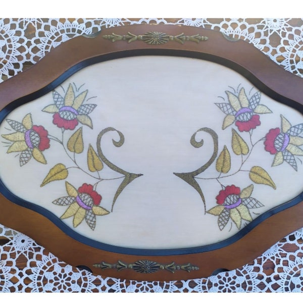 Vintage Greek Serving Tray with Brass Handles and Embroidery - Handmade in Greece 1980s