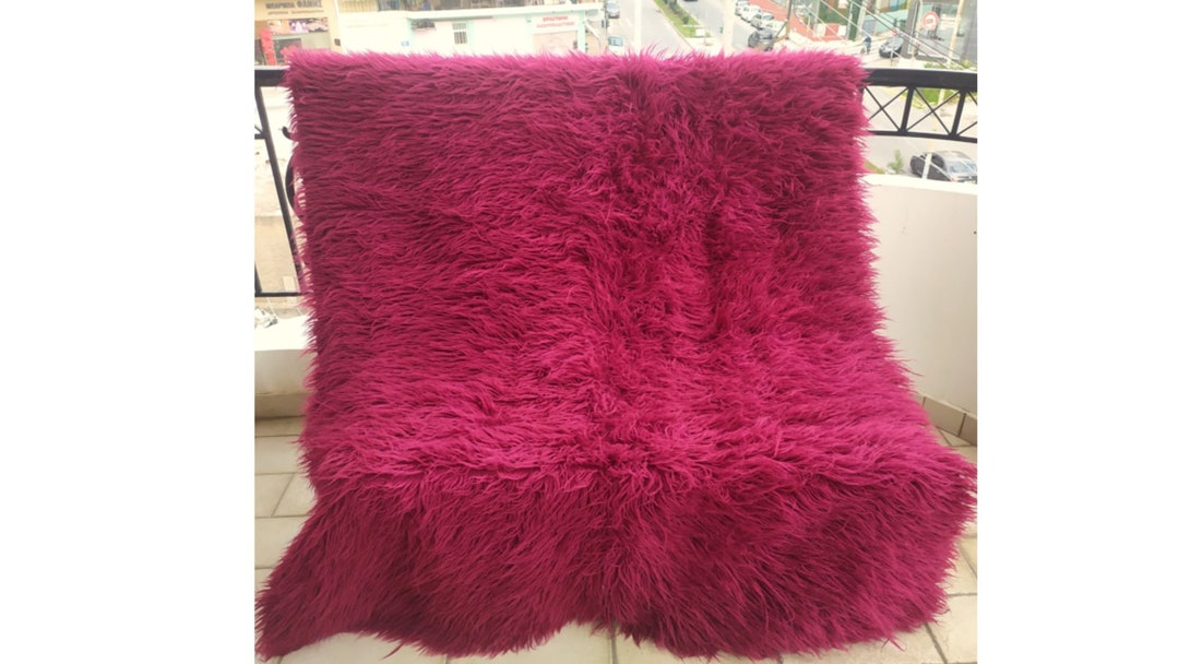 Woven Greek 60's Bourgundy Flokati Wool Organic Greece Area Rug