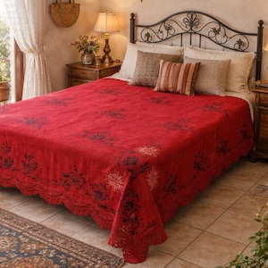 Greek 1960s  Throw – Handwoven Red Floral Bedspread with Crochet Lace
