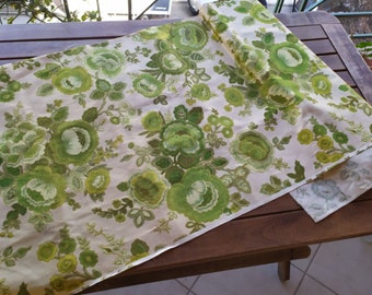 Vintage Greek Cotton Floral Green White Fabric Piece - Unused 90's Print from Greece for Sewing Crafts