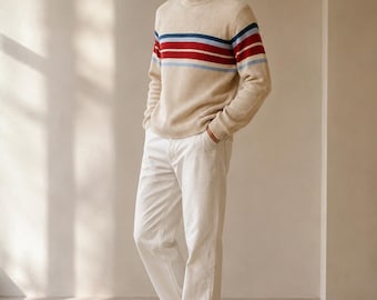 Vintage COMBO’S Strickwaren Gerippter Pullover XXL, Beige Gestreifter Pullover, Hergestellt in Europa Griechenland, Retro 2000er Jahre Pullover mit Stehkragen, Preloved Strickoberteil