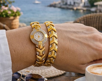 Goudkleurig horloge en armbandenset uit de jaren 80 – nepdiamanten – vintage kostuumsieraden met clip – verzilverd – elegant retrocadeau
