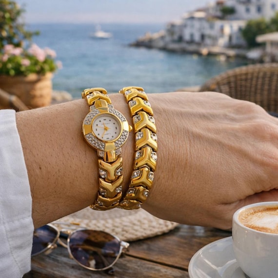 80s Gold-tone Watch & Bracelet Set – Faux Diamonds – Clip-on  display picture 1