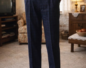 90's Greek Plaid Woolen Warm Trouser Pants Pleated Pockets Blue Black Unused Men's Clothes Clothing Vintage made in Greece