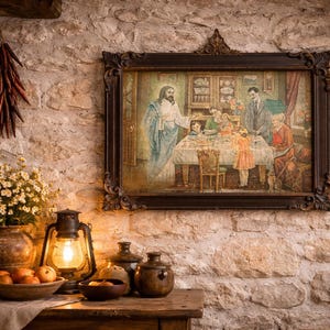 Antiek Grieks uit de jaren 50 heilig icoon Jezus zegent de Griekse familie met houten frame christelijk-orthodox-katholieke religie decor gemaakt in Griekenland