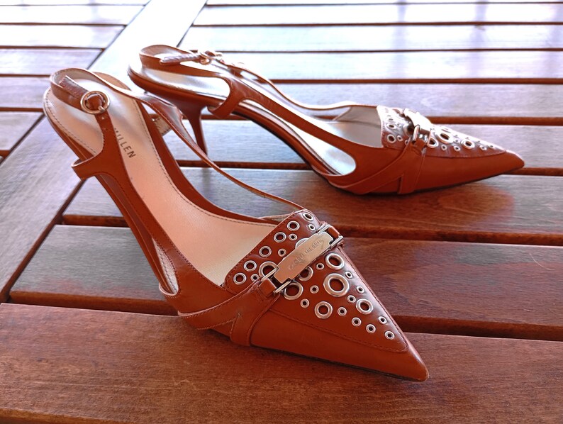 May include: A pair of brown leather heeled shoes with a pointed toe and a silver buckle. The shoes have a cut-out design and are decorated with silver eyelets. The brand name "ALIEN" is visible on the insole.