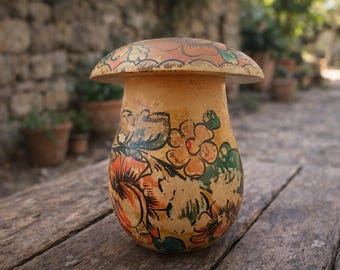 Vintage 1990’s Hand-Painted Wooden Mushroom – Handmade in Russia – Floral Decorative Figurine