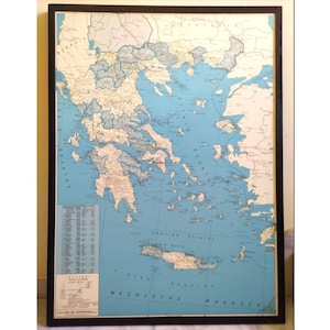 Griechische Karte zeigt Griechenland in griechischer Sprache mit Holzrahmen Panels Wandbehänge Wohnkultur Vintage 90er Jahre Made in Griechenland